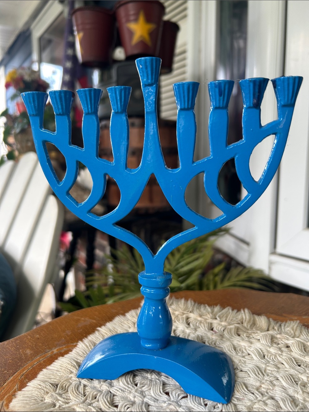 Blue Menorah Candle Holder